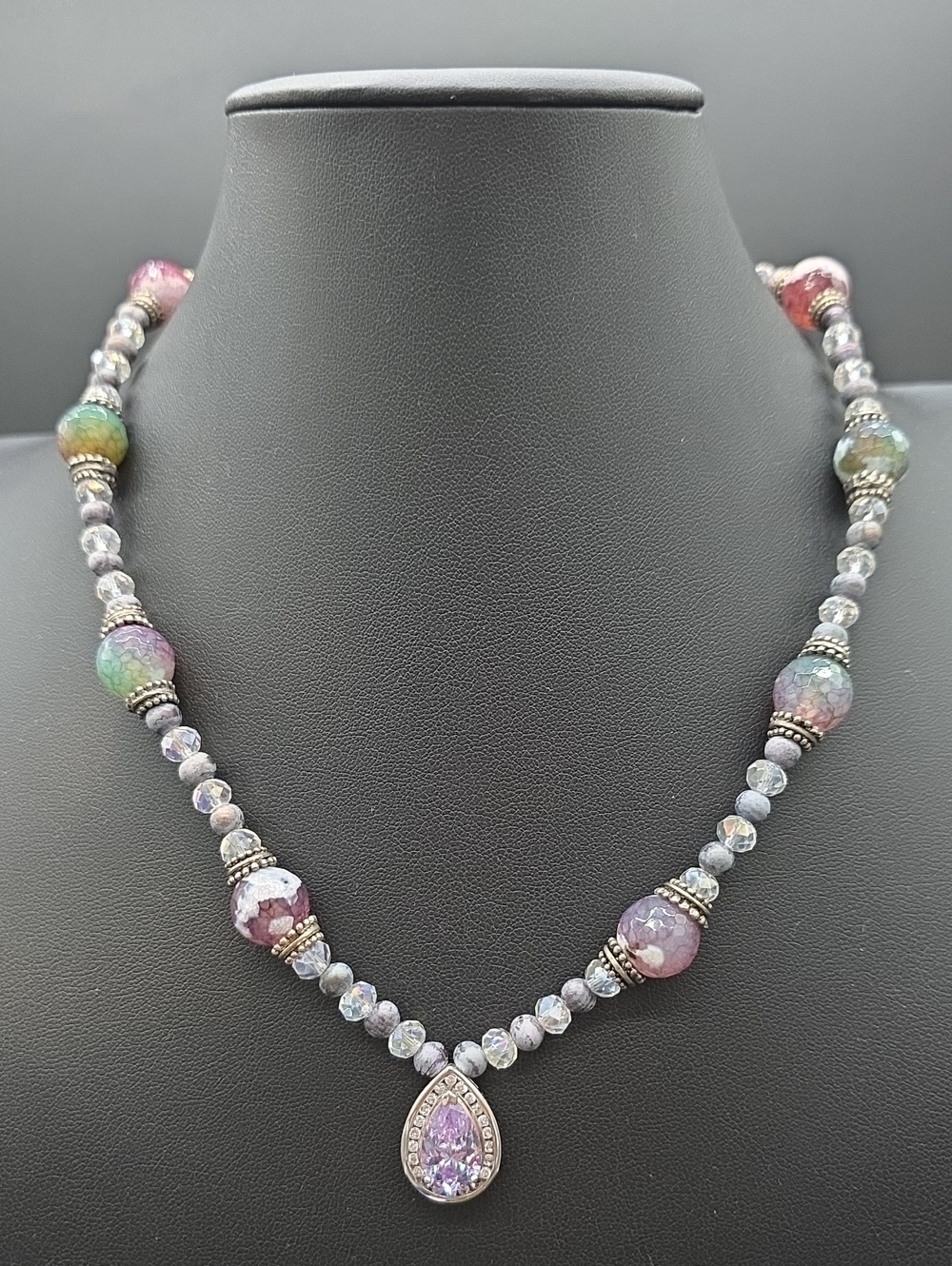 Handcrafted Multi-Color Stone Beaded Necklace with Purple Ross-Simon Pendant